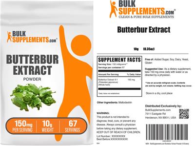BulkSupplements.com Butterbur Extract Powder 150 mg source label used in the packaging illustration