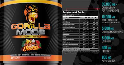 Gorilla Mind Gorilla Mode Pre-Workout Formula Jungle Juice source label used in the packaging illustration