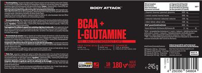 Body Attack BCAA 6000 mg + L-Glutamine 6000 mg source label used in the packaging illustration