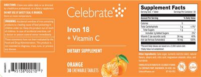 Celebrate Iron 18 + Vitamin C Orange source label used in the packaging illustration