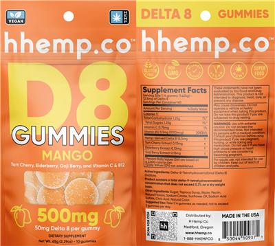 hhemp.co D8 Gummies Mango 500 mg source label used in the packaging illustration