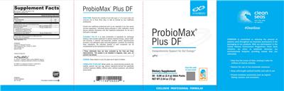 XYMOGEN ProbioMax Plus DF source label used in the packaging illustration
