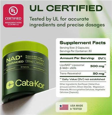 Cata-Kor NAD+ Advanced 500 mg source label used in the packaging illustration