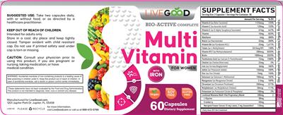 LiveGood Bio-Active Complete Multi Vitamin for Women source label used in the packaging illustration
