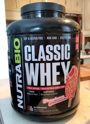 NutraBio Classic Whey Strawberry Shortcake source label used in the packaging illustration