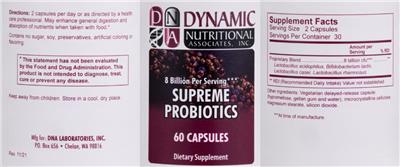 DNA Dynamic Nutritional Associates Supreme Probiotics source label used in the packaging illustration