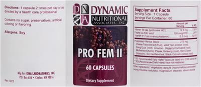 DNA Dynamic Nutritional Associates Pro Fem II source label used in the packaging illustration