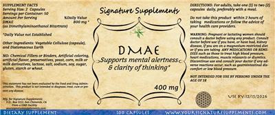 Signature Supplements DMAE 400 mg source label used in the packaging illustration