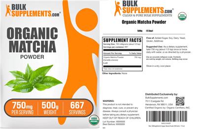 BulkSupplements.com Organic Matcha Powder 750 mg product packaging