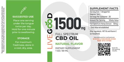 LiveGood Full Spectrum CBD Oil Natural Flavor 1500 mg source label used in the packaging illustration