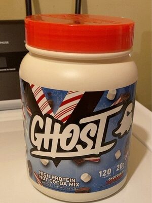GHOST High Protein Hot Cocoa Mix Chocolate Peppermint source label used in the packaging illustration