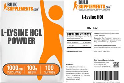 BulkSupplements.com L-Lysine HCl Powder 1000 mg source label used in the packaging illustration