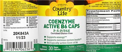 Country Life Coenzyme Active B6 Caps source label used in the packaging illustration