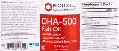 Protocol For Life Balance DHA-500 Fish Oil source label used in the packaging illustration