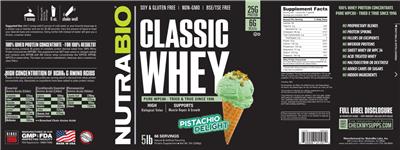 NutraBio Classic Whey Pistachio Delight source label used in the packaging illustration