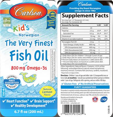 Carlson Kid's The Very Finest Fish Oil Natural Lemon Flavor source label used in the packaging illustration