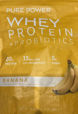 Pure Power Whey Protein + Probiotics Banana source label used in the packaging illustration