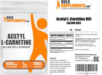 BulkSupplements.com Acetyl L-Carnitine Powder 1000 mg source label used in the packaging illustration