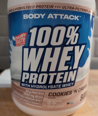 Body Attack Sports Nutrition 100% Whey Protein Cookies 'N Cream source label used in the packaging illustration