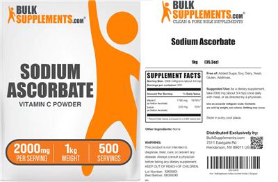 BulkSupplements.com Sodium Ascorbate Vitamin C Powder 2000 mg product packaging