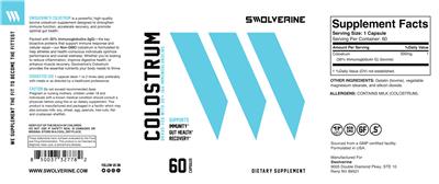 Swolverine Colostrum source label used in the packaging illustration
