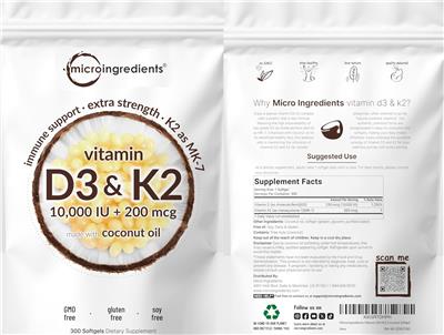 Micro Ingredients Vitamin D3 10000 IU & K2 200 mcg source label used in the packaging illustration