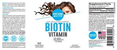 Portions Master Biotin Vitamin 10000 mcg source label used in the packaging illustration
