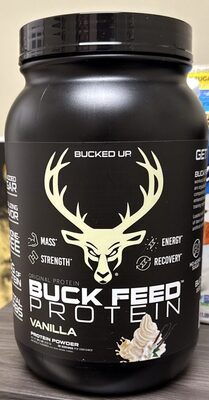 Bucked Up Buck Feed Original Protein Vanilla source label used in the packaging illustration