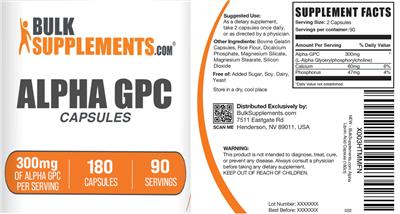 BulkSupplements.com Alpha GPC Capsules 300 mg source label used in the packaging illustration