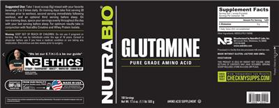 NutraBio Glutamine source label used in the packaging illustration