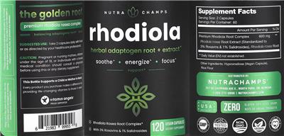 NutraChamps Rhodiola source label used in the packaging illustration