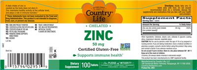 Country Life Chelated Zinc 50 mg source label used in the packaging illustration