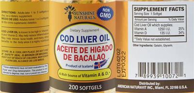 Sunshine Naturals Cod Liver Oil source label used in the packaging illustration