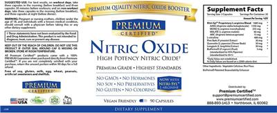 Premium Certified Nitric Oxide source label used in the packaging illustration