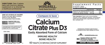 Windmill Calcium Citrate Plus D3 source label used in the packaging illustration