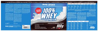Body Attack Sports Nutrition 100% Whey Protein Chocolate Brownie Cream source label used in the packaging illustration