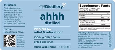 CBDistillery ahhh distilled CBD Oil 1000 mg Broad Spectrum Natural Hemp Flavor source label used in the packaging illustration
