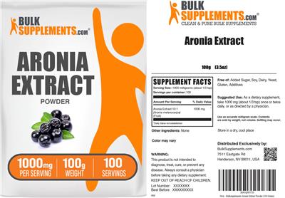 BulkSupplements.com Aronia Extract Powder 1000 mg source label used in the packaging illustration