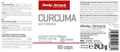 Body Attack Sports Nutrition Curcuma 600 mg mit Piperin 9500 mg source label used in the packaging illustration