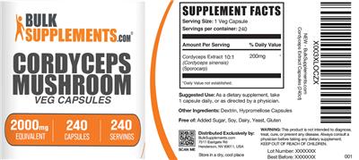 BulkSupplements.com Cordyceps Extract 2000 mg Veg Capsules product packaging