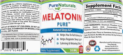 Pure Naturals Melatonin Pure 10 mg source label used in the packaging illustration