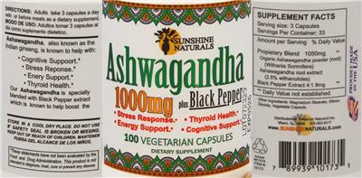 Sunshine Naturals Ashwagandha 1000 mg plus Black Pepper source label used in the packaging illustration