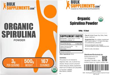 BulkSupplements.com Organic Spirulina Powder 3 g product packaging