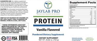 JayLab Pro Protein Vanilla Flavored source label used in the packaging illustration