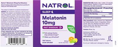 Natrol Melatonin 10 mg Fast Dissolve Citrus source label used in the packaging illustration