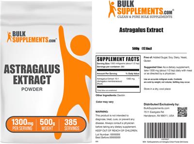 BulkSupplements.com Astragalus Extract 1300 mg source label used in the packaging illustration