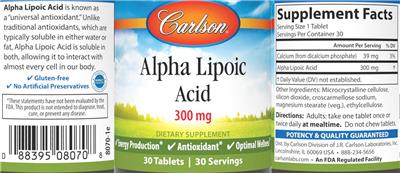 Carlson Alpha Lipoic Acid 300 mg source label used in the packaging illustration