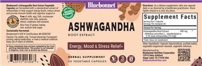 Bluebonnet Ashwagandha Root Extract source label used in the packaging illustration