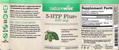 NatureWise 5-HTP Plus+ 200 mg source label used in the packaging illustration
