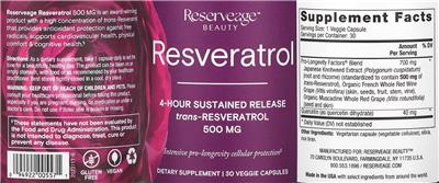 Reserveage Beauty Resveratrol 500 mg source label used in the packaging illustration